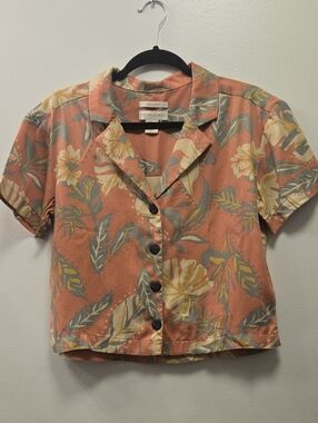 Cynthia Rowley Coral Peach Floral Short-Sleeve Button-Front Shirt